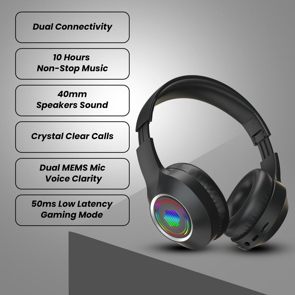 truke Newly Launched BTG 500 Over The Ear Gaming Headphone with 40mm Drivers, 10H of Playtime, Dual Pairing, Gaming Mode (50ms Latency) with RGB LEDs, TF Card with Volume Control, BT 5.4 (Sky Blue)