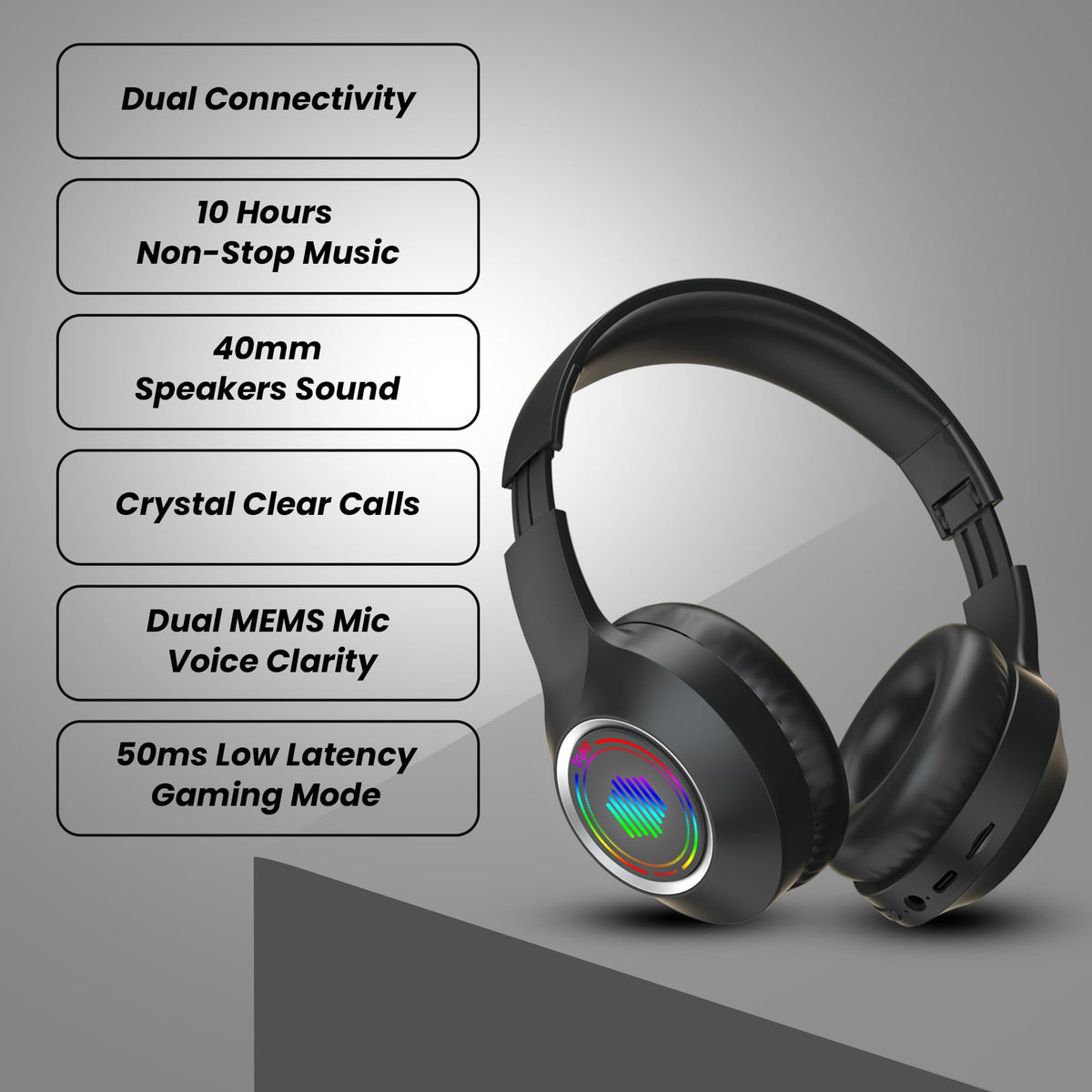 truke Newly Launched BTG 500 Over The Ear Gaming Headphone with 40mm Drivers, 10H of Playtime, Dual Pairing, Gaming Mode (50ms Latency) with RGB LEDs, TF Card with Volume Control, BT 5.4 (Sky Blue)