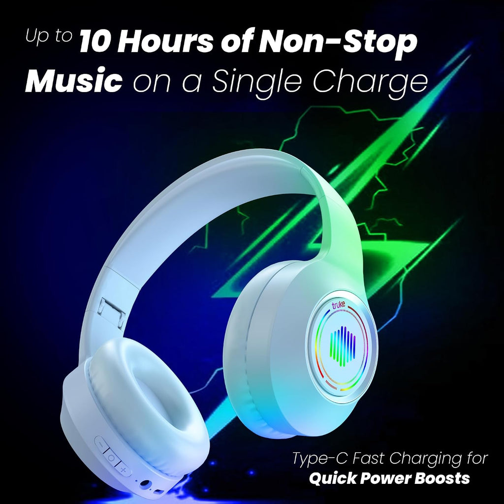 truke Newly Launched BTG 500 Over The Ear Gaming Headphone with 40mm Drivers, 10H of Playtime, Dual Pairing, Gaming Mode (50ms Latency) with RGB LEDs, TF Card with Volume Control, BT 5.4 (Sky Blue)